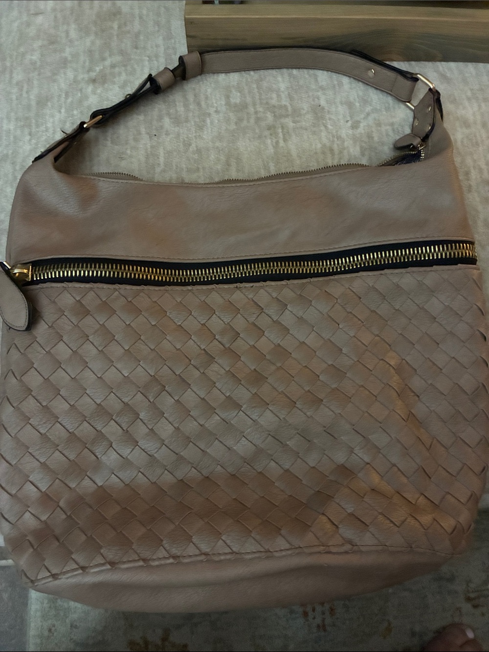 Madison West Taupe Woven Shoulder Bag with Gold Zip Detail
